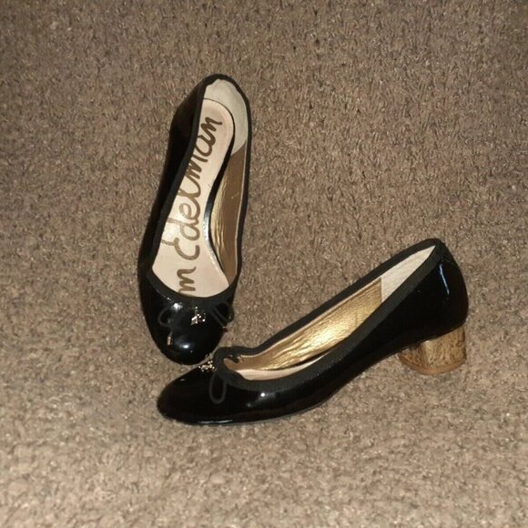 SAM EDELMAN-Natalie-Black Patent Leather-Ribbon Trim-Bow-Gold Heel-7.5-Near Mint - Picture 1 of 8